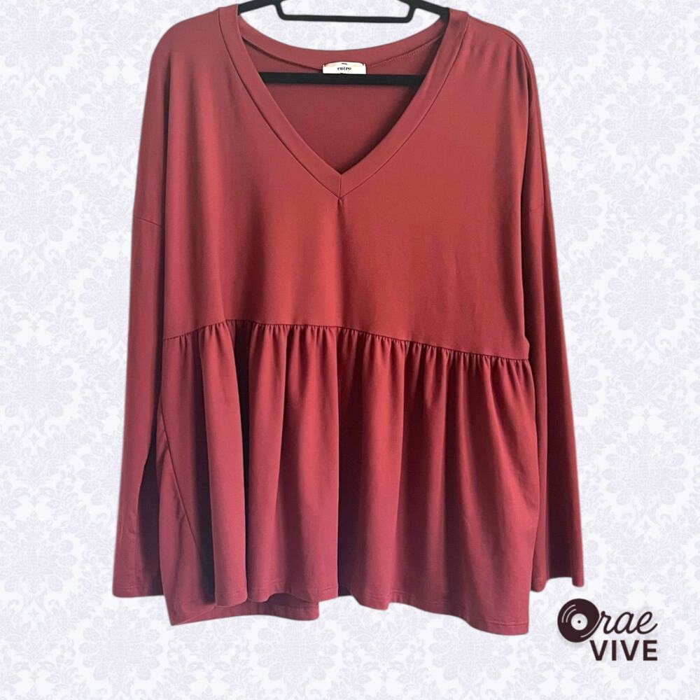Entro Rust V-Neck Peplum Blouse Long Sleeve Butter Soft Stretch Medium